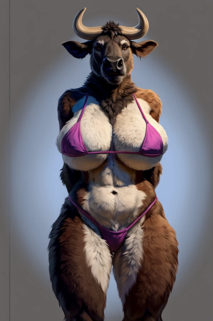 Solo, Furry, Anthro, African Buffalo Female, E621, Wearing Bikini, Standing, Big Curves, Front View, Hands Behind Back, Huge Ass, Huge Breasts, Plain Background, by foxovh