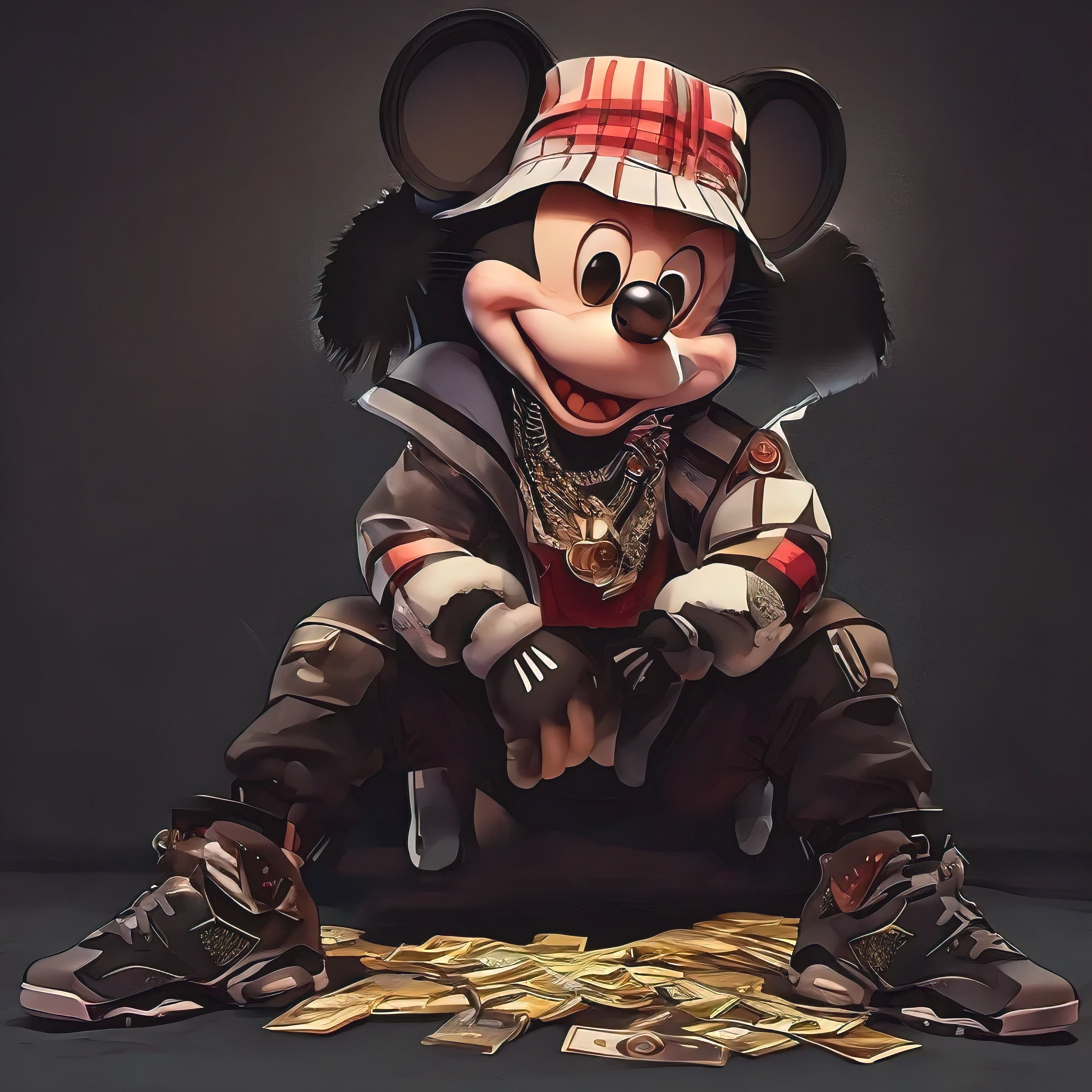 Mickey Mouse assis sur un tas d&#39;argent avec un chapeau dessus, Mickey Mouse, Rendu Disney, Portrait de Mickey Mouse, ( ( ( Mickey Mouse ) ) ), Personnage de Disney, Personnage emblématique très détaillé, Conseil gangster anthropomorphe, souris anthropomorphe, fourrure stylisée Disney, Tête de Mickey Mouse contrefaite, hypebeast, par Disney, Rendu hyper réel, Rendu promotionnel