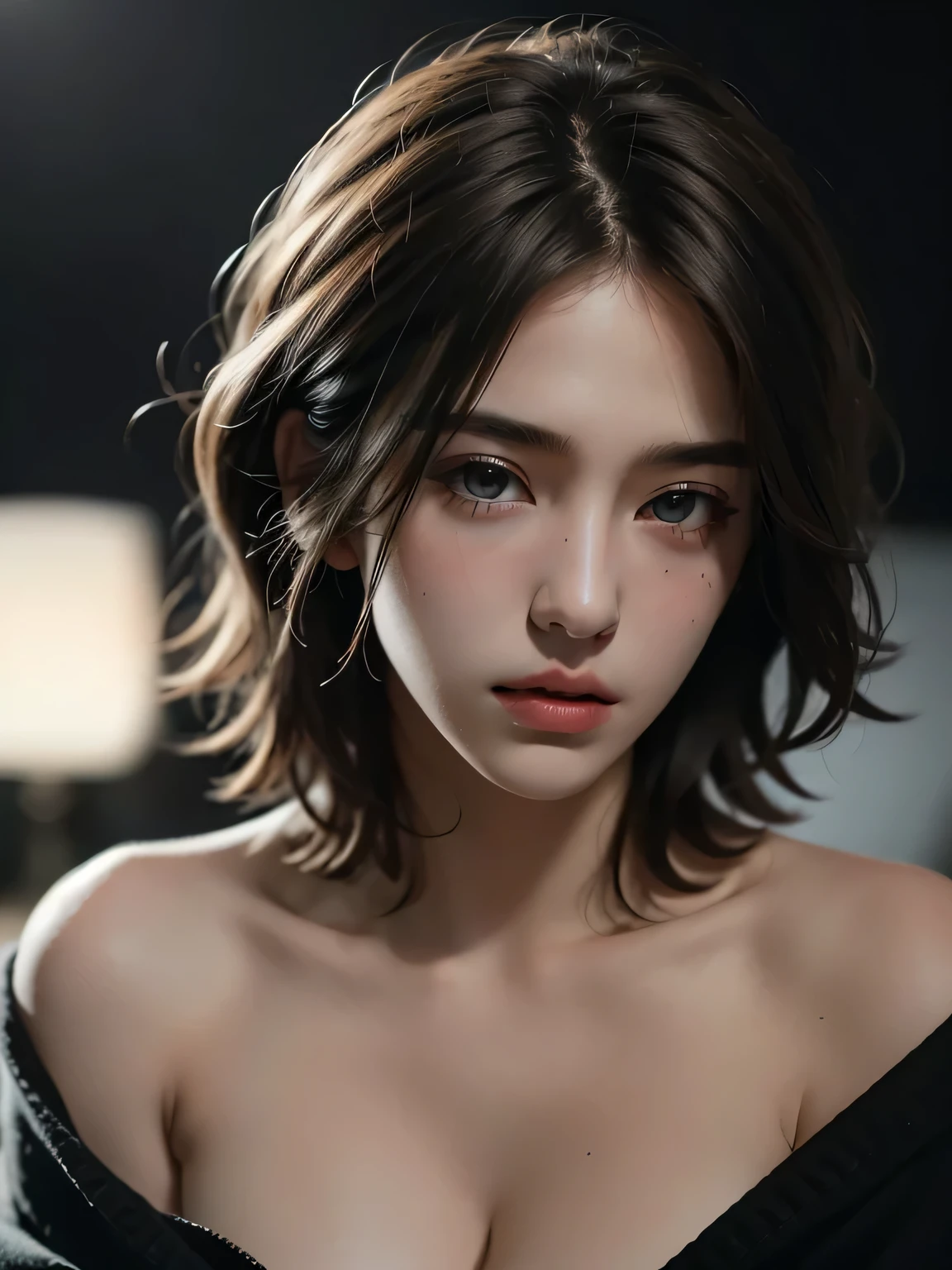 best quality, masterpiece, ultra high resolution, (lifelike:1.5), original photo, 1 girl, Off the shoulders, in the darkness, deep shadow, low profile, cold light, sexy look, short hair