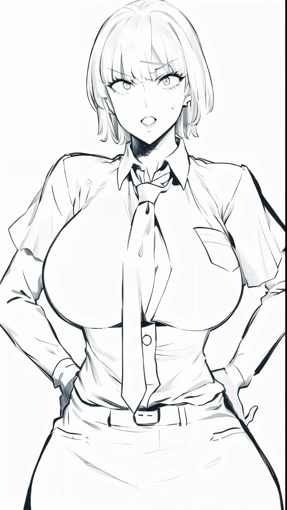 A large breasted woman wearing a white shirt and tie with her hands on her hips, ((Hands on hips:1.2),