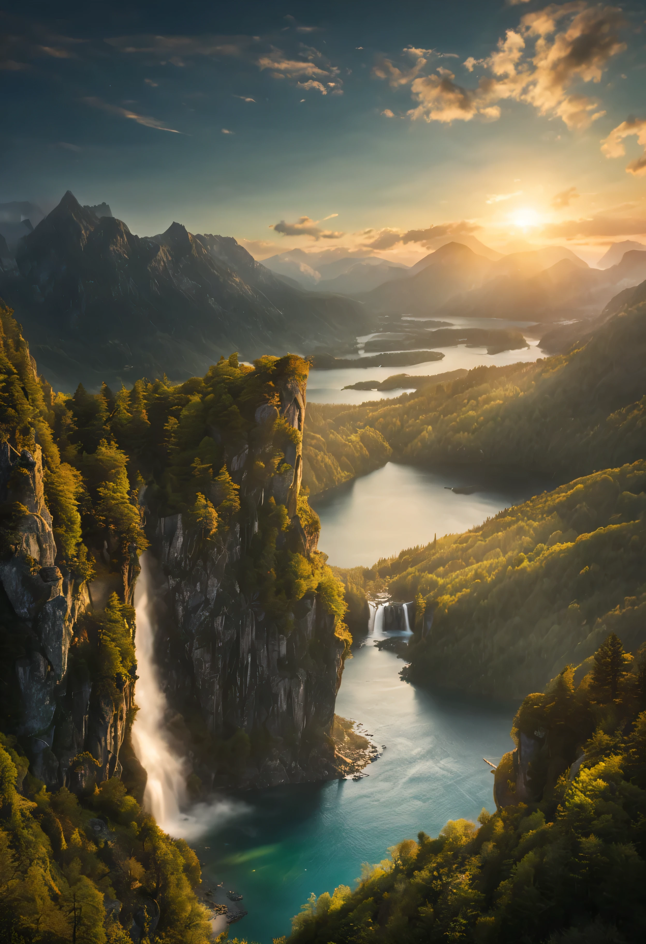 Foto einer Gebirgszene mit einem See, mehreren Bergen und einem Strand, dunkler Wolkenhintergrund, flying big old dragons, lots of waterfalls, Berglandschaft, neblige Berge, Sonnenuntergang, high detail