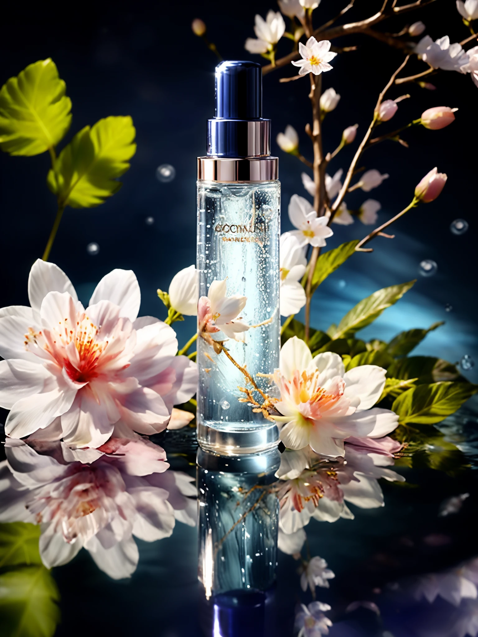 BEST QUALITY, 4K, 8K, HIGH RESOLUTION, MASTERPIECE, ULTRA-DETAILED, PHOTOREALISTIC, BLENDER, MAKEUP BOTTLE, CHERRY BLOSSOM WRAPPED AROUND, BLUE SKY BACKGROUND, WATER, SUNLIGHT, LOW PERSPECTIVE, PRODUCT RENDERING