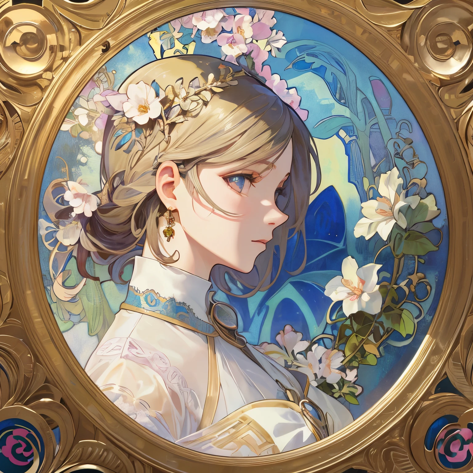 Beauty 1 person、(masterpiece、highest quality、highest quality、beautiful and aesthetic:1.2)、round picture frame、Rainbow-colored、Shining jewelry hair ornament、flowers in full bloom、detailed jewelry、dynamic、Based on the concept of an elegant woman、((Alphonse Mucha))、Shining eyes、profile、colorful hair、Fluttering petals、Gradation、hyperdetailed intricately detailed, unreal engine, wonderful, intricate details, splash screen, complementary color, Realistic concept art, 8K resolution, 逸脱のmasterpiece