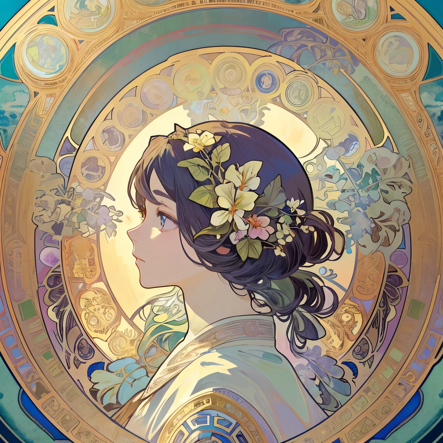 Beauty 1 person、(masterpiece、highest quality、highest quality、beautiful and aesthetic:1.2)、round picture frame、Rainbow-colored、Shining jewelry hair ornament、flowers in full bloom、detailed jewelry、dynamic、Based on the concept of an elegant woman、(((Alphonse Mucha)))、Shining eyes、profile、colorful hair、Fluttering petals、Gradation、hyperdetailed intricately detailed, unreal engine, wonderful, intricate details, splash screen, complementary color, Realistic concept art, 8K resolution, 逸脱のmasterpiece