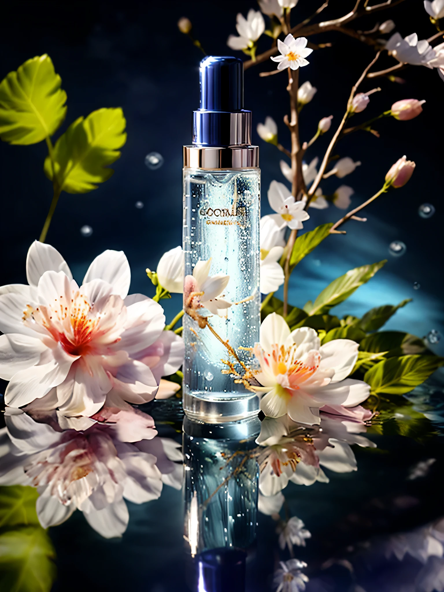 best quality, 4K, 8 thousand, high resolution, masterpiece, very detailed, realistic, mixer, makeup bottle, cherry blossoms wrapped around, Blue sky background, water, sunlight, low perspective, Product Rendering