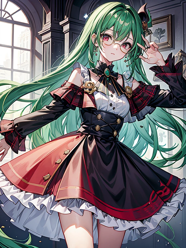 (((masterpiece、Highest image quality、highest quality、highly detailed unity 8kwallpaper)))、((Illustration of one girl))、(((beautiful girl)))、(Emerald green hair、sidelocks:1.2、red eyes)、monocle、(((crazy smile)))、(((Black top hat、tuxedo)))、grand library