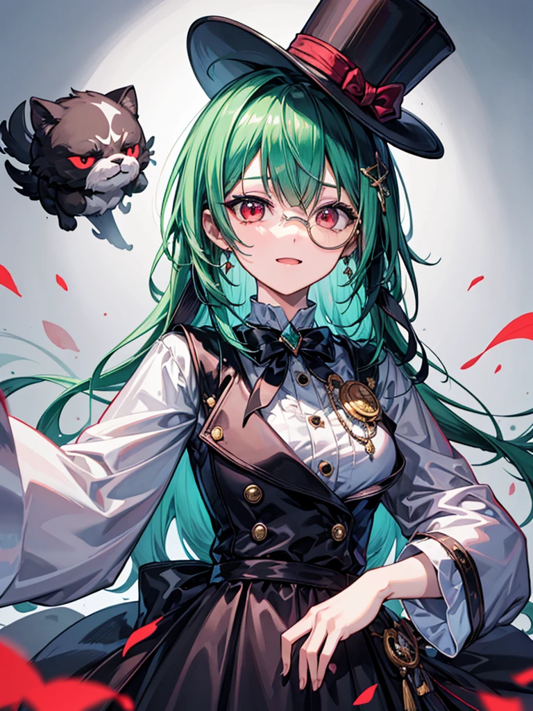 (((masterpiece、Highest image quality、highest quality、highly detailed unity 8kwallpaper)))、((Illustration of one girl))、(((beautiful girl)))、(Emerald green hair、sidelocks:1.2、red eyes)、monocle、(((crazy smile)))、(((Black top hat、tuxedo)))、grand library