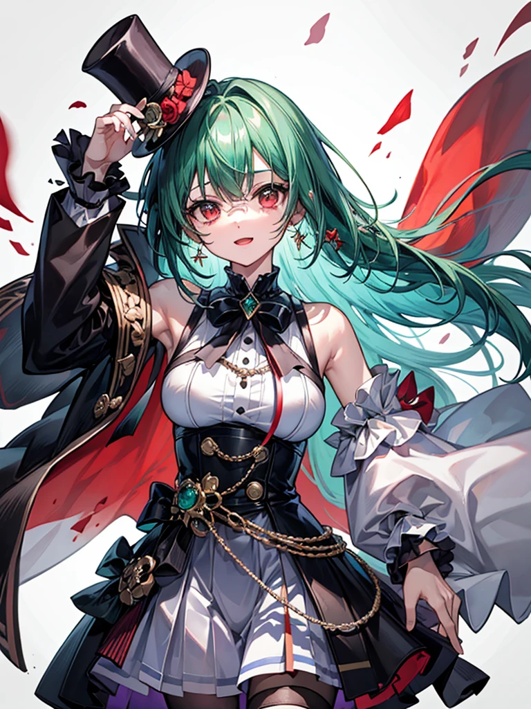 （（（masterpiece、Highest image quality、highest quality、highly detailed unity 8ｋwallpaper）））、（（Illustration of one girl））、（（（beautiful girl）））、（Emerald green hair、sidelocks：1.2、red eyes）、monocle、（（（crazy smile）））、（（（Black top hat、tuxedo）））、grand library