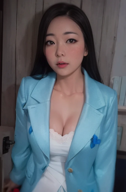Close-up of a woman wearing a blue jacket and white dress, korean girl, korean woman, beautiful south korean woman, Jacket with plenty of cleavage, gorgeous young korean woman, wearing a tight suit, beautiful young korean woman, wearing blue jacket, girl in a suit, gorgeous chinese model, asian girl, tight light blue neoprene suit, Wenfei Ye, wearing a strict suit
