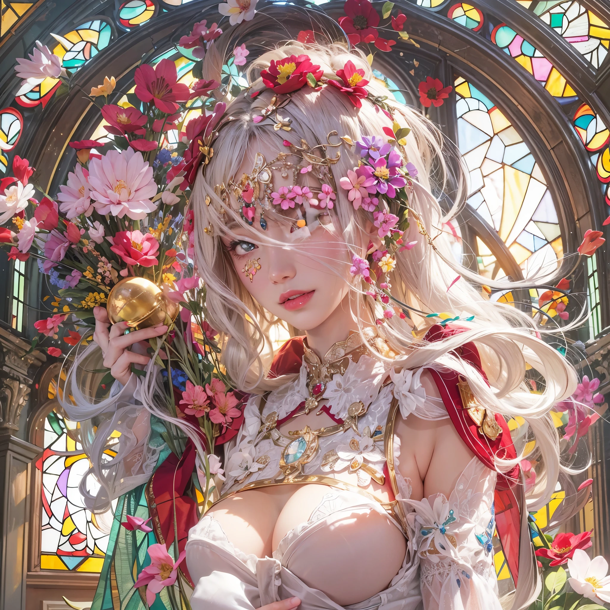 (NSFW:-0.98) . White and Red, (Dazzling colorful light pours down and reflects:1.2), (Physically-based Rendering with incredible detailed Textures), Award-winning Masterpiece of professional Analogue photograpy, { (((Photorealistic:1.37))) | (Hasselblad with F2.8) }, (((Acutance:0.85), { from below | from side } )) . ((A group photo of many KAWAII girls in (school uniform)) with visible Overflowing Cleavage) and Navel without bra . (((Extremely detailed KAWAII face variations)) with joyful expressions), { Glossy cute Lips Closeup | Detailed natural eyes with sparkling highlights and long eyelashes | Rosy cheeks | Navel | (pretty Ass) | (Overflowing underboob) | Oiled ivory skin Details | White panties with (blood seeping only in crotch area) | ((full of Flowers covering girl's body:1.15)) | (((Dazzling colorful stained glass with stunning elaborate details:1.2))) | Mystic sight | A Halo ling in the air | God rays | Haze | Lens flare | Luminescent particles | Kissing face to face } . Ultra-detailed, (Exposed:0.8), (((Nipple:-0.9))) .