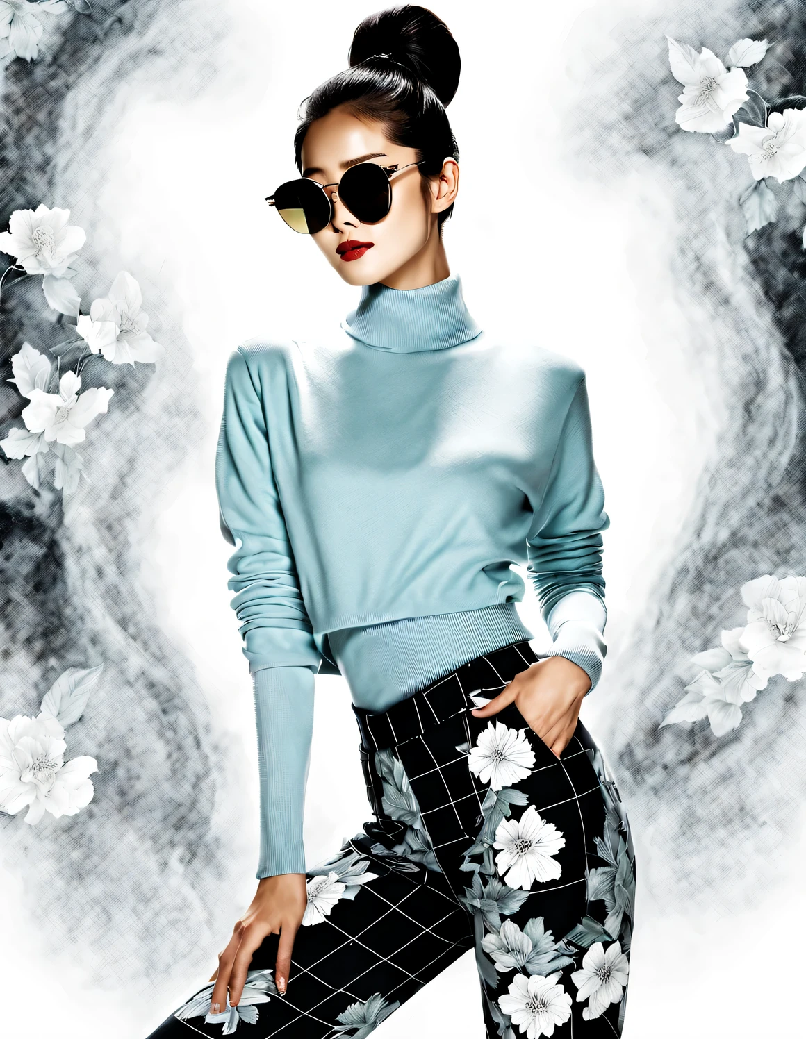 (Modern art dance simple poster design), (Half-length close-up), (Beautiful Chinese girl smiles), (wearing sunglasses: 1.37), (high ponytail: 1.2) The pastel tones of a light blue jacket and an off-white floral sweater blend together, The black and white plaid pants also have a sharp contrast, Characterized by exquisite details and layering, Both fashionable and softly feminine. Wear modern and stylish winter fashion, thin waist, high nose bridge, Head up posture, sad yet beautiful, slender figure, Exquisite facial features,
Background briefcase dancing, fog illustration, ink painting, black hair, Proud, Surrealism, contemporary art photography, action painting illustration, abstract expressionism, Pixar, depth of field, motion blur, backlight, Falling shadows, Vignetting, Elevation viewing angle, Sony FE General Manager, ultra high definition, masterpiece, Accuracy, textured skin, Super details, high detail, high quality, Award-winning, best quality, Level, 16k, Photographed from a bottom-up perspective,