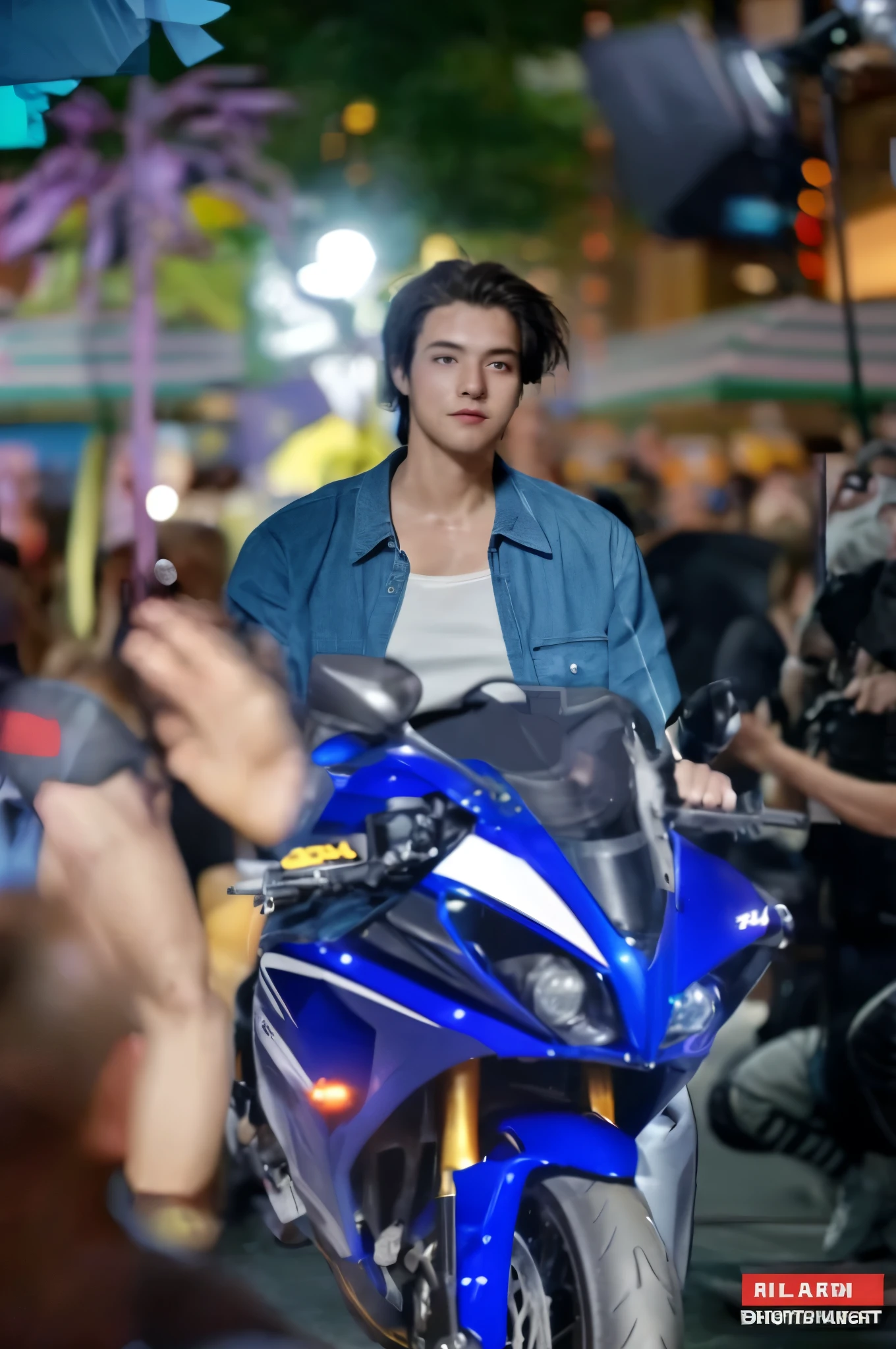 Boy riding sports motorcycle in crowd of people