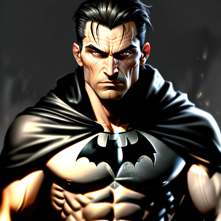 DARK AND BROODING ROMANIAN NATIVE BATMAN, WITH CHISELED JAWLINE, SHADOWED EYES, AND ELONGATED EARS, IN A DARK TANK TOP, reveals the intricate details of his muscular body, covered in scars from countless battles. His rough, windswept hair, slicked back, adds to his imposing figure. clad in a cape, he poses against the backdrop of a Gothic cityscape, bat symbol on his chest, looking ready for action. (realistic, photo-realistic: 1.2), detailed facial features, stern expression, rugged, leather