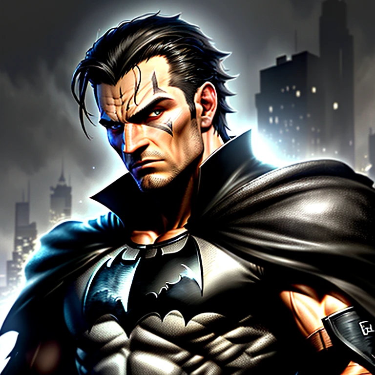 DARK AND BROODING ROMANIAN NATIVE BATMAN, WITH CHISELED JAWLINE, SHADOWED EYES, AND ELONGATED EARS, IN A DARK TANK TOP, reveals the intricate details of his muscular body, covered in scars from countless battles. His rough, windswept hair, slicked back, adds to his imposing figure. clad in a cape, he poses against the backdrop of a Gothic cityscape, bat symbol on his chest, looking ready for action. (realistic, photo-realistic: 1.2), detailed facial features, stern expression, rugged, leather