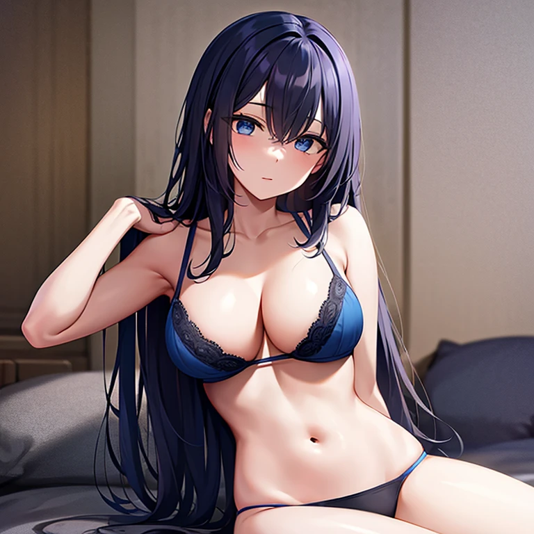 Masterpiece, ((black hair)), blue eyes, sexy, large breasts, beautiful body, blue underwear l, blue lingerie, blue bra, bed