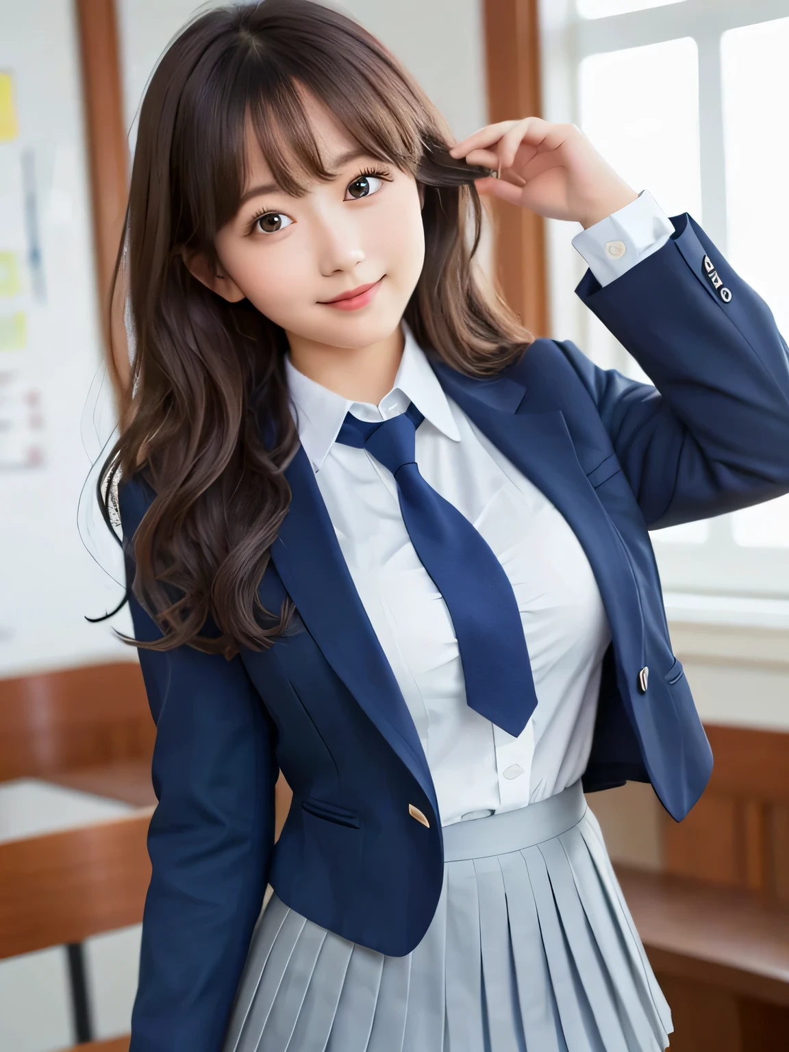 8K, highest quality, real image, intricate details, Super detailed, ultra high resolution, depth field,(realistic,realistic:1.2),table top , frontal shot , From the middle , 1 girl, eye_Chan, very beautiful 17 year old girl, innocent big eyes,、beautiful breasts:1.5、非常に詳細なeye:1.2)、(beautiful breasts:1.1)、wavy hair、curly hair、bangs、, perfect skin, Fair skin, huge breasts, put your hand on your chest、tight waist, light blush, alone, looking at the viewer, light smile, ((School_uniform),(dark blue blazer), (white shirt、Wearing a tie), (gray pleated skirt), (sculpture installation :1.1)