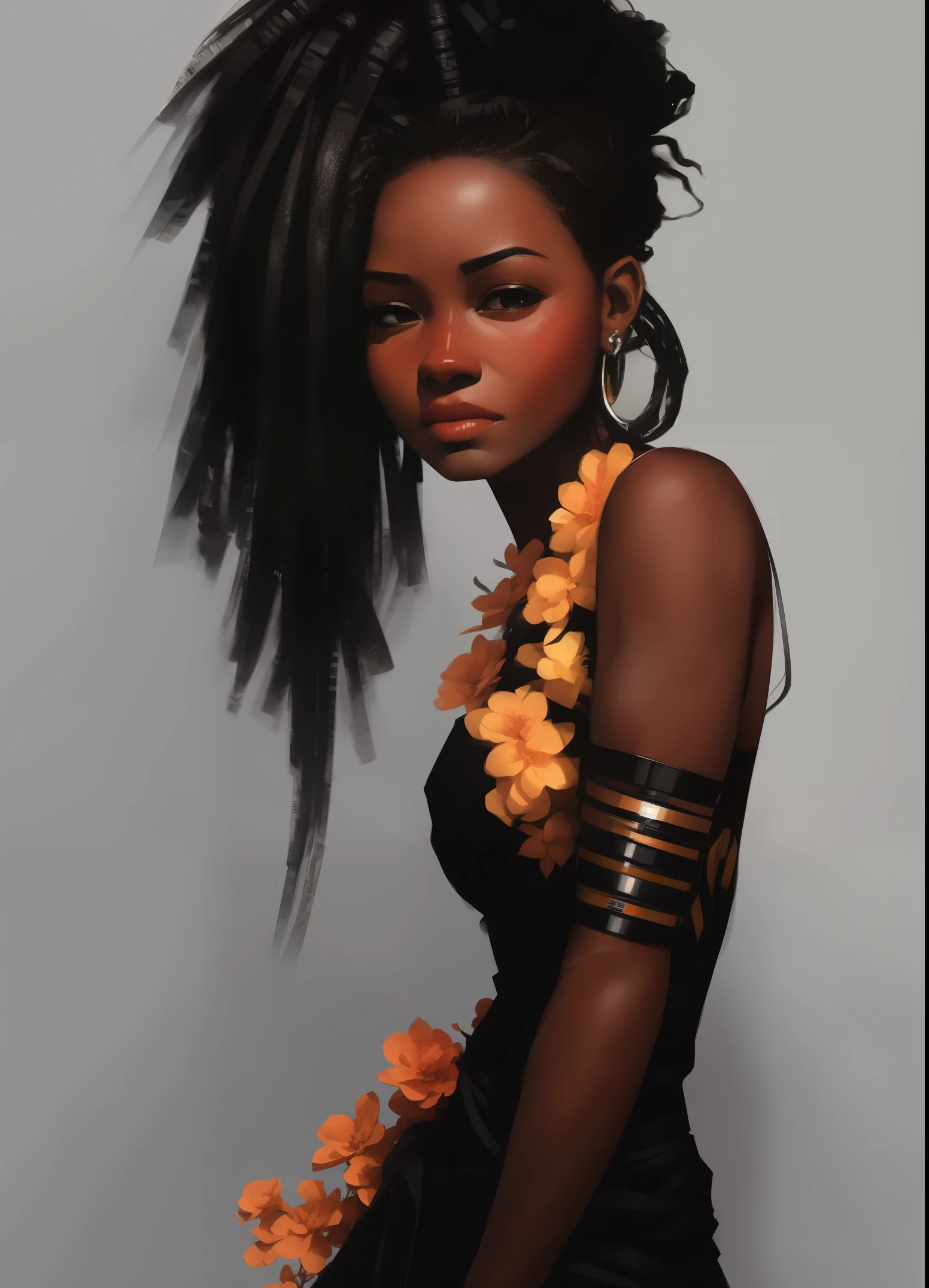 Charlie Bowater,  Lithography sketch portrait of a black Congolese woman, rich ebony skin, flowers, [gears], pipes, dieselpunk, multi-colored ribbons, old paper texture, highly detailed