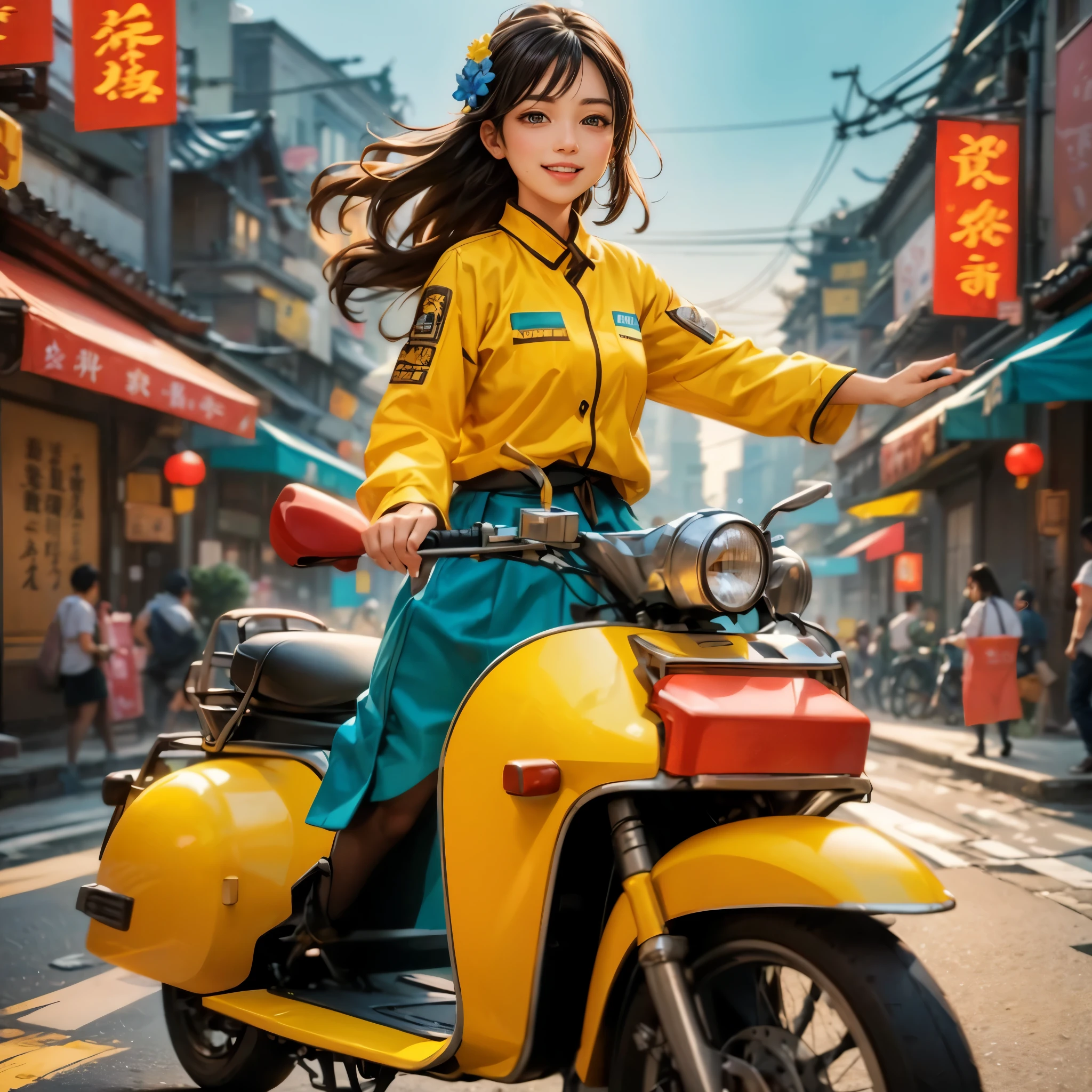 (panoramic:1.5), A realistic, photographic-style illustration in a flat, 2D format, showing a cheerful delivery girl riding a yellow motorcycle. She is depicted as a cute, optimistic girl with a happy smile, enduring the hard work of daily deliveries without complaint. Dressed in standard work attire, she navigates through the bustling city streets. This girl embodies wisdom, beauty, and diligence, presenting a sweet and admirable character. The image captures her in an ultra-wide-angle, panoramic view of the city, emphasizing a realistic, (花卉水彩画:1.5), (Ultra high saturation, bright and vivid colors: 1.5), (nsfw), (Facing the viewer: 1.5), (解剖学正确,准确完美的韩国女性脸部特征:1.5)