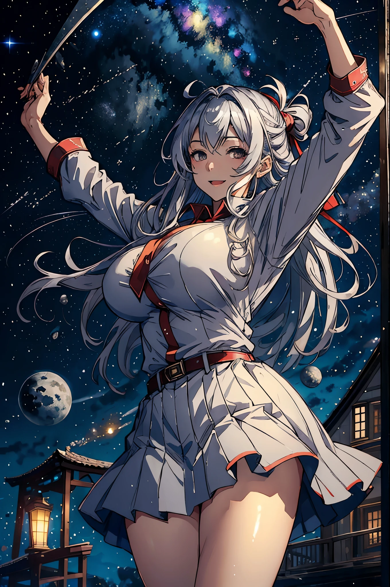 (masterpiece:1.4)、(highest quality:1.4)、ultra high resolution、real、beautiful features、20 year old woman、Silver hair long hair、gray long sleeve collared shirt、skirt、(huge breasts:1.2)、red face、smile、Stand against the wall、Arms behind the body、whole body、(Meteors:1.3)、(nebula:1.2)、night sky、野原でnight skyを見上げている、dynamic composition、Dynamic lighting