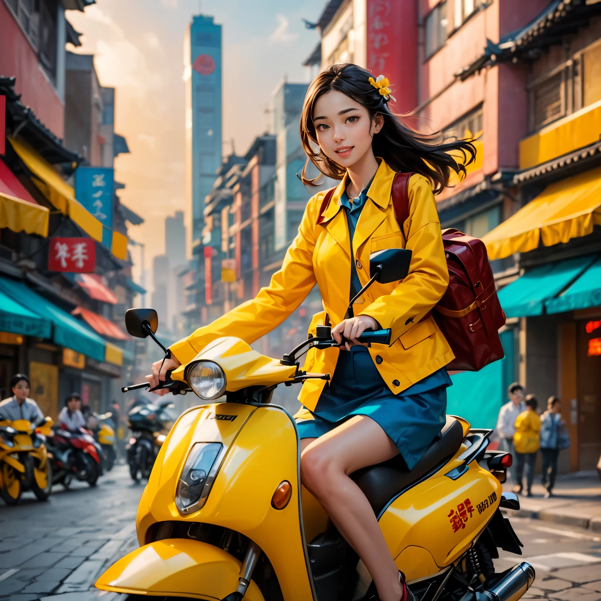 (panoramic:1.5), A realistic, photographic-style illustration in a flat, 2D format, showing a cheerful delivery girl riding a yellow motorcycle. She is depicted as a cute, optimistic girl with a happy smile, enduring the hard work of daily deliveries without complaint. Dressed in standard work attire, she navigates through the bustling city streets. This girl embodies wisdom, beauty, and diligence, presenting a sweet and admirable character. The image captures her in an ultra-wide-angle, panoramic view of the city, emphasizing a realistic, (花卉水彩画:1.5), (Ultra high saturation, bright and vivid colors: 1.5), (nsfw), (Facing the viewer: 1.5), (解剖学正确,准确完美的韩国女性脸部特征:1.5)