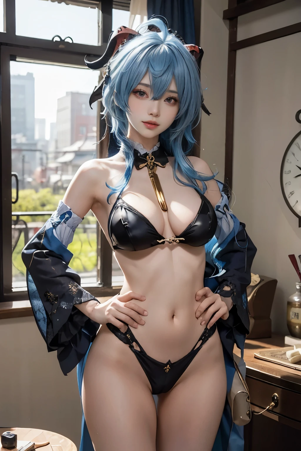 Perfect face, perfect body, perfect skin, Ganyu from genshin impact, blue hair, posing with one hand on her hip, facing the camera, fully naked, fully nude, hourglass figure, perfect tits, perky tits, pussy