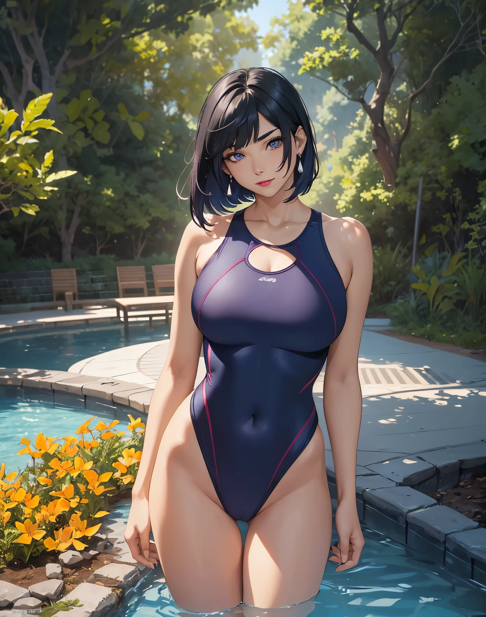 1 female, single, alone, beautiful anime woman,
 ((straight hair,very short bob:1.2,Shoulder-length dark blue short hair, hair with volume, dull bangs, dark blue hair,hair above eyebrows,purple eyeshadow:0.5,dark blue eyes,slanted eyes,half closed eyes:1.2,beautiful eyelashes,Troubled sharp eyebrows:1.5,Big laugh,
closed mouth,orange lipstick,mole under mouth)),perfect eyes,((medium chest,curved thighs,naked left thigh)),((competition swimsuit))