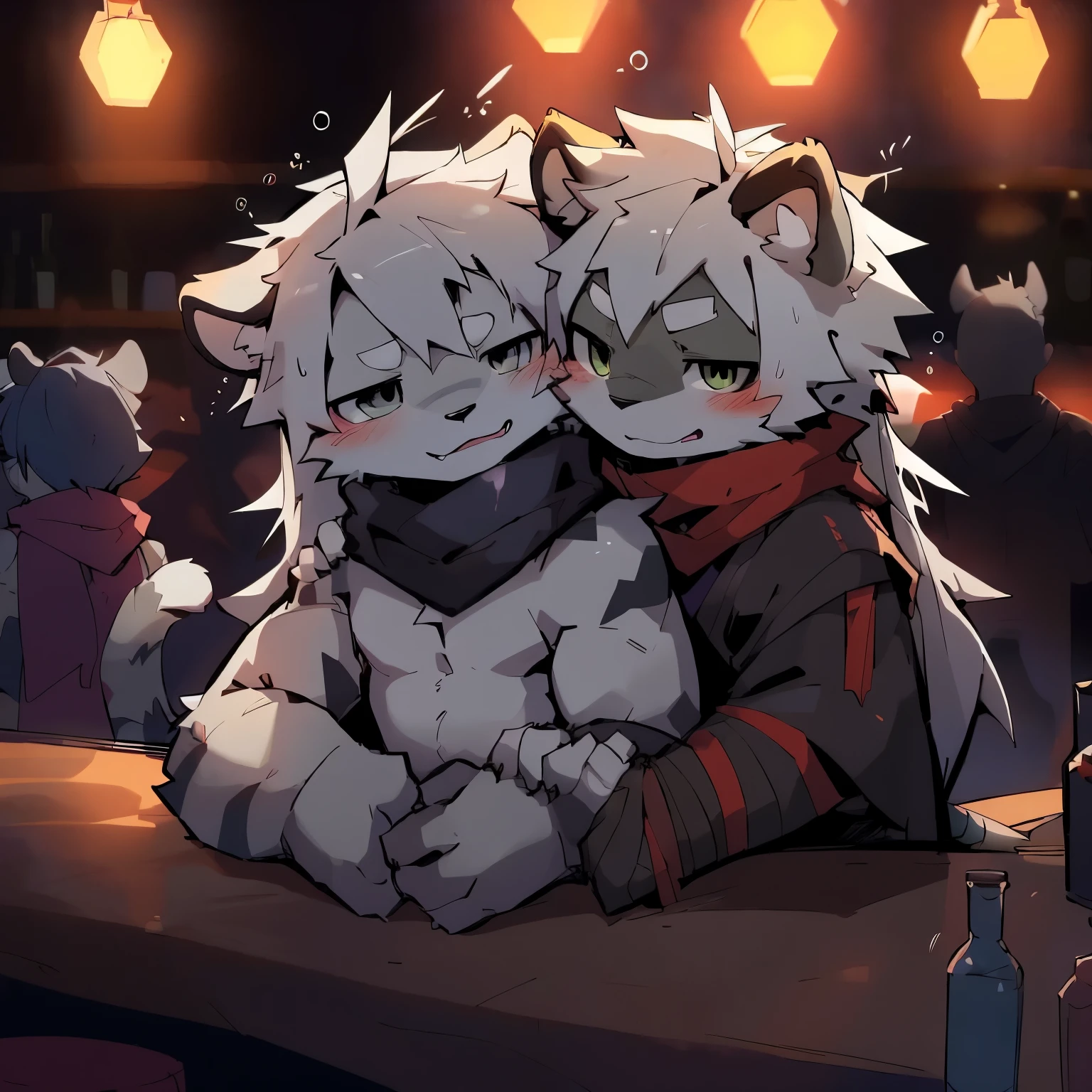 man,gray white tiger,long hair,scarf,It's hard,Bar Background,술에intoxication,Feel good,intoxication,Ninja,naked,Hug