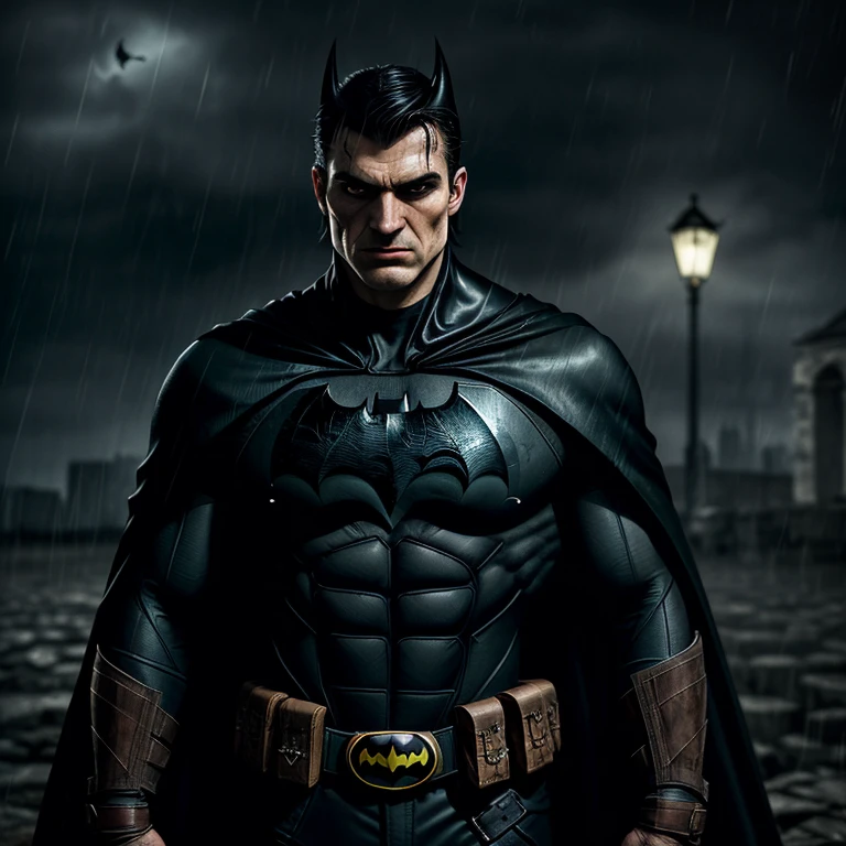 Romania Native Batman: (1 man), dramatic pose, tight cape, brooding, serious expression, rough and weathered face, pointed ears, muscular body, bat symbol on chest, intricate details, detailed textures, Gothic, dark and moody atmosphere, shadows, high contrast, (rain: 1.2), bat-shaped utility belt, detailed utility tools, bat-shaped cowl concealing identity, intense gaze, rough and textured skin, detailed muscles, stubble, tired look, communist-era architecture background.
Note: This description is based on a visual representation of Romania Native Batman, incorporating typical elements of Batman's character but with a focus