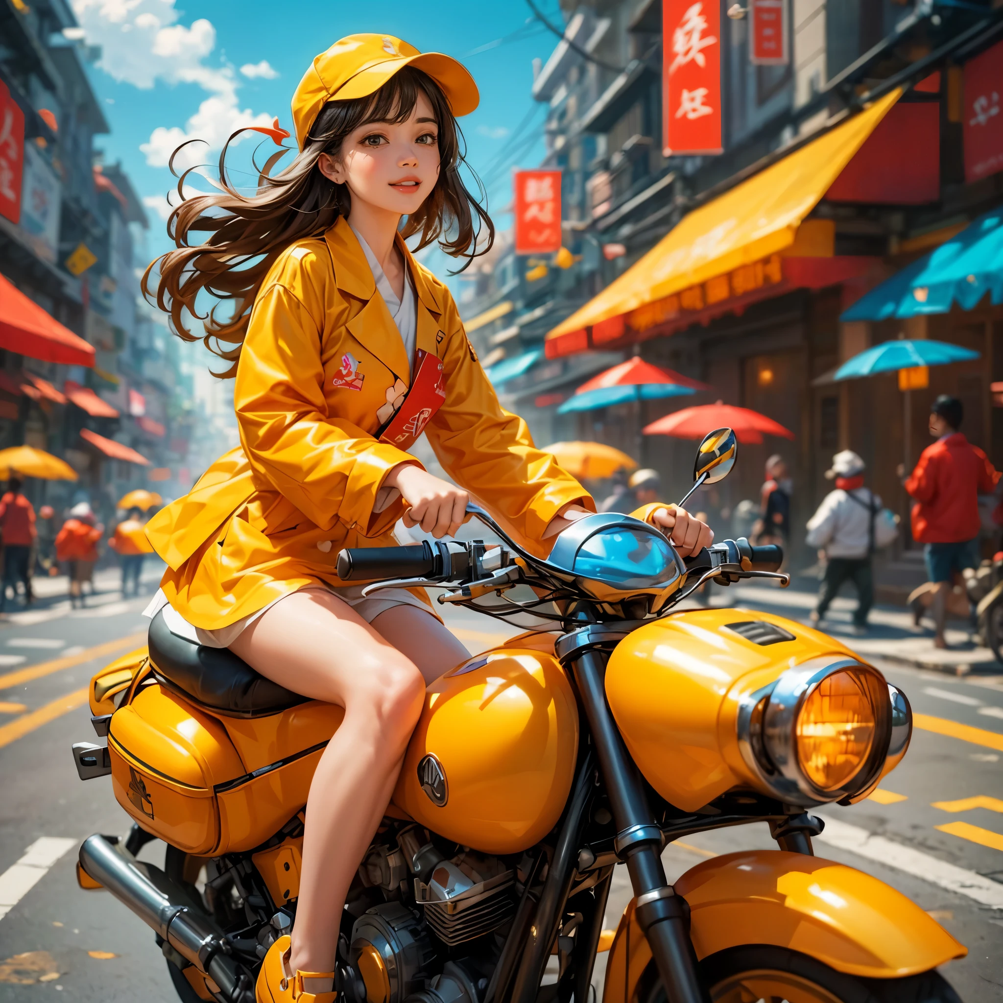 (panoramic:1.5), A realistic, photographic-style illustration in a flat, 2D format, showing a cheerful delivery girl riding a yellow motorcycle. She is depicted as a cute, optimistic girl with a happy smile, enduring the hard work of daily deliveries without complaint. Dressed in standard work attire, she navigates through the bustling city streets. This girl embodies wisdom, beauty, and diligence, presenting a sweet and admirable character. The image captures her in an ultra-wide-angle, panoramic view of the city, emphasizing a realistic, (花卉水彩画:1.5), (Ultra high saturation, bright and vivid colors: 1.5), (nsfw), (Facing the viewer: 1.5), (解剖学正确，准确完美的韩国女性脸部特征:1.5)