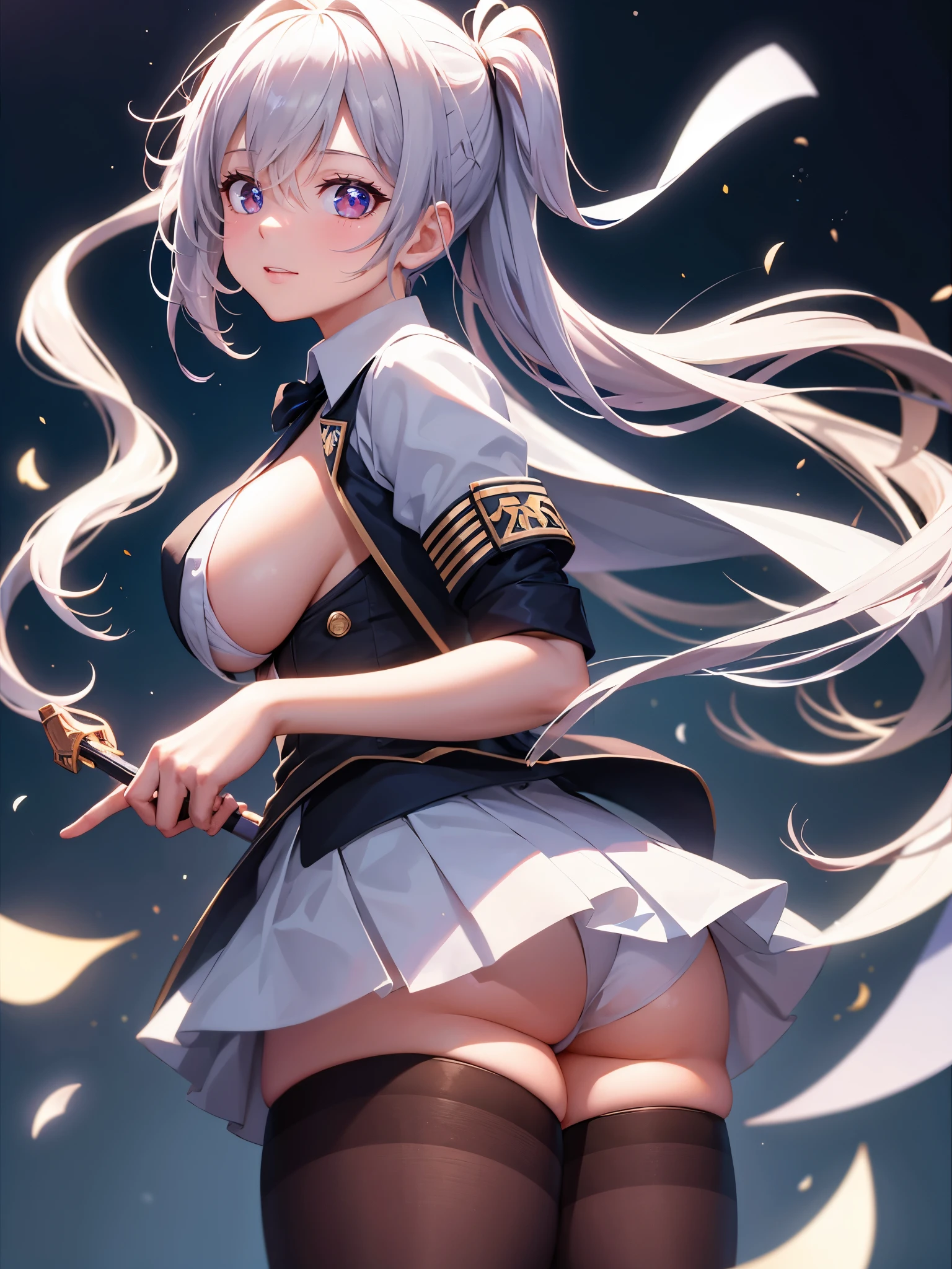 (1 girl),(high quality), (High resolution), (extremely detailed), (8K),(lower body shot),(3CG),(A high school girl wearing a magician's uniform),(wearing black knee-high stockings)not wearing shoes,perfect writing,(Beautifully erect nipple shape),High resolutionの美しい目,(neutral white lighting:1.2),Facing back and sticking out your buttocks
