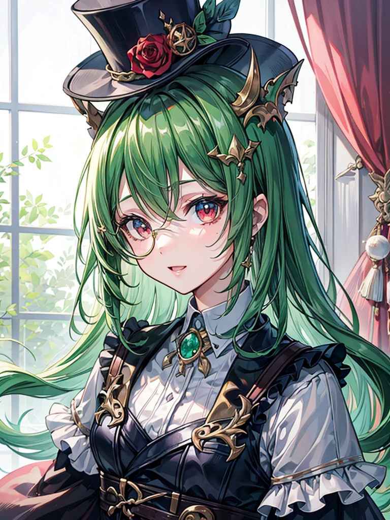 （（（masterpiece、Highest image quality、highest quality、highly detailed unity 8ｋwallpaper）））、（（Illustration of one girl））、（（（beautiful girl）））、（Emerald green hair、sidelocks：1.2、red eyes）、monocle、pocket watch、（（（crazy smile）））、（（（Black top hat、tuxedo）））、grand library