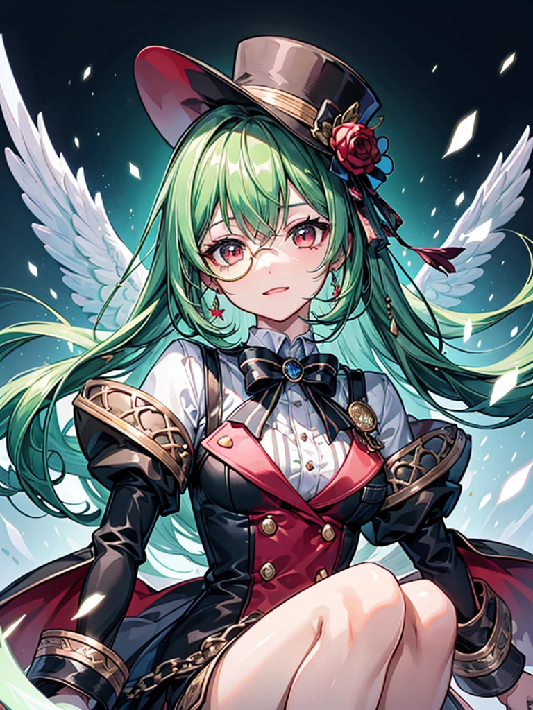 (((masterpiece、Highest image quality、highest quality、highly detailed unity 8kwallpaper)))、((Illustration of one girl))、(((beautiful girl)))、(Emerald green hair、sidelocks:1.2、red eyes)、monocle、pocket watch、(((crazy smile)))、(((Black top hat、tuxedo)))、grand library