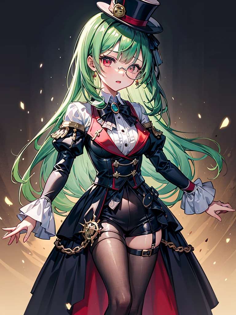 （（（masterpiece、Highest image quality、highest quality、highly detailed unity 8ｋwallpaper）））、（（Illustration of one girl））、（（（beautiful girl）））、（Emerald green hair、sidelocks：1.2、red eyes）、monocle、pocket watch、（（（crazy smile）））、（（（Black top hat、tuxedo）））、grand library