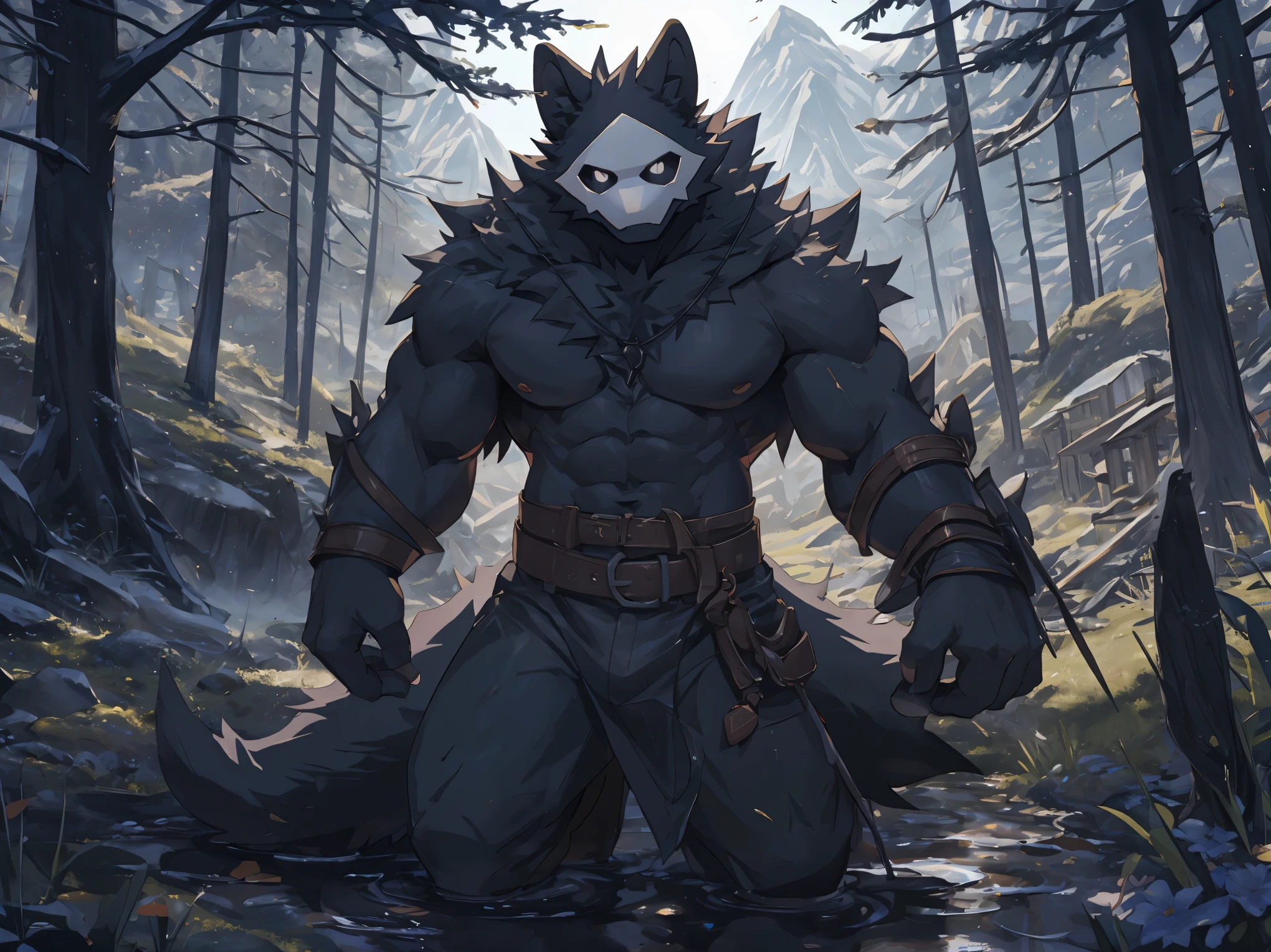 masterpiece, high quality, absurd res, digital painting \(artwork\), volumetric lighting, male, ((solo)), puro_(changed), (extremely detailed:1puro, white mask, black fur, bara, huge body, long legs, long arms, broad shoulders, puro_(changed)) (wallpaper, 4k), landscape, portrait, detailed background, outside, day, forest, mountain, mountains in the distance, by (by Pino Daeni, (by ruaidri), yupa, kiyosan), detailed background, anime, (dark shadows, wide dynamic range, hdr, low light:1.2), BadDream,fcNeg,by littleblackalas