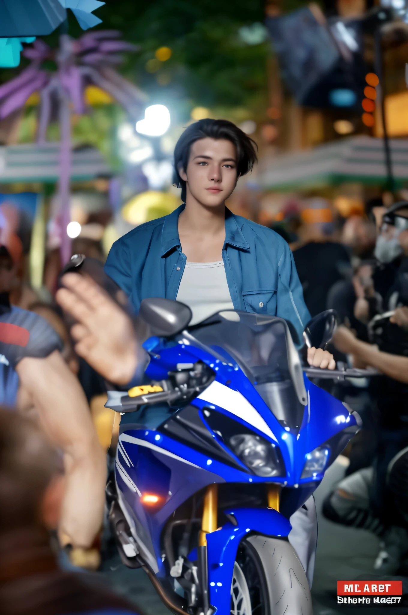 Boy riding sports motorcycle in crowd of people 