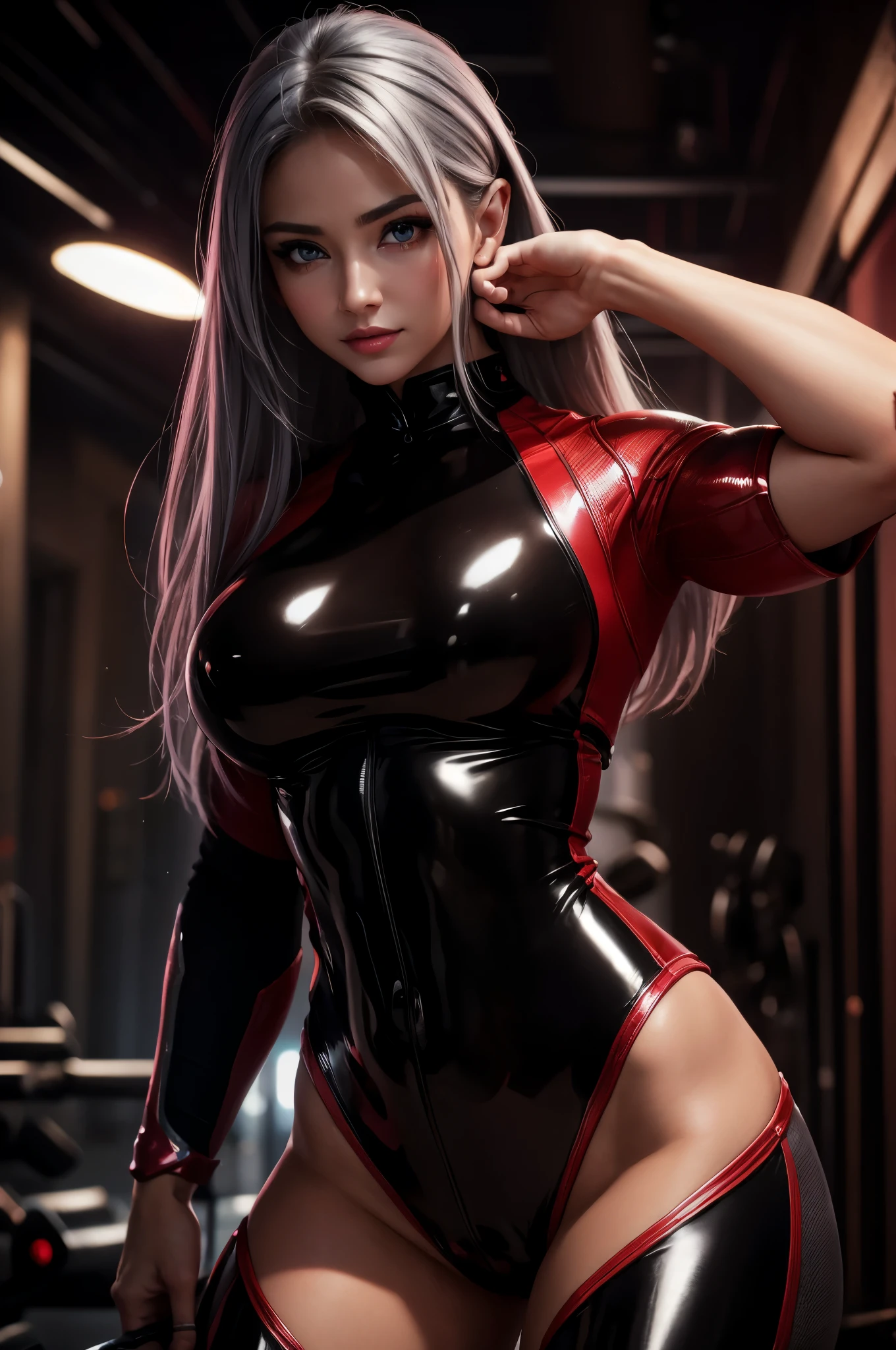 high detail, wearing (tight shirt:1.2), beautiful detailed face, hazel eyes, (attractive fitness woman:1.3), (seductive:1.1), (blushing:1.1), hourglass body shape, complete shiny aerobic red and black latex bodysuit, big round breasts