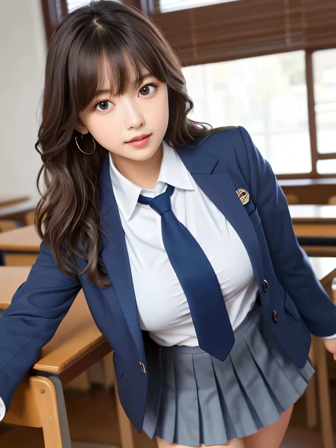 8K, highest quality, real image, intricate details, Super detailed, ultra high resolution, depth field,(realistic,realistic:1.2),table top , frontal shot , From the middle , 1 girl, eye_Chan, very beautiful girl, innocent big eyes,、beautiful breasts:1.5eye:1.2)、(beautiful breasts:1.1)、wavy rly hair、bangs、, perfect skin, Fair skin, huge breasts, put your hand onhest、tight waist, light blush, alone, looking at the viewer, ((School_uniform),(dark blue blazer), (white shirt、Wearing a tie), (gray pleated skirt), (sculpture installation :1.1)