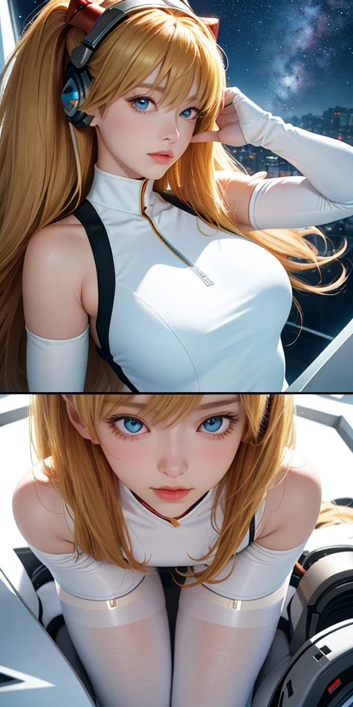 (top view),dynamic angle,Super detailed, illustration, close up, direct, 1 girl, 
 ((Soryu Asuka Langley, Interface headset, White tights:1.4, blonde)),Her eyes shone like fantastic stars,(glowing eyes:1.233),(Beautiful and delicate eyes:1.1),(Poker face,Keep your mouth shut),(permanent), 
(Mechanical room with tools and spaceship windows in white spaceship),
(night:1.2),fantastic, [[slender fingers and hands:0.55]::0.85],(Detail fingers),