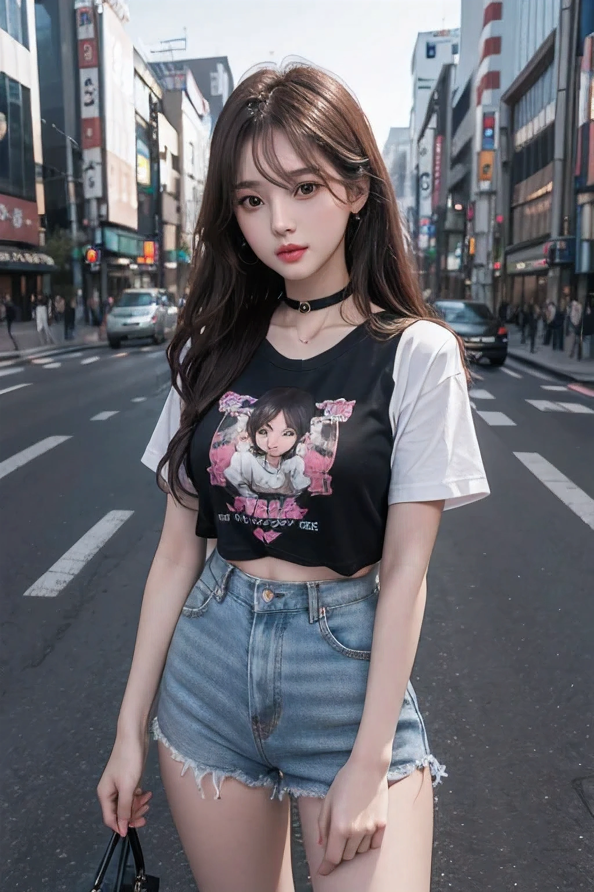 Best Quality Detail:1.2, realisitic, 8K UHD, hight resolution, 1girl in:1.2, The ultra-detailliert, High quality textures, intricate detailes, detaileds, Very detailed CG, High quality shadows, Detail Beautiful delicate face, Detail Beautiful delicate eyes, depth of fields, Ray traching, in her 20s, Pretty Kpop Girl, Korean Urzan Face:1.1, Slender face, ulzzang -6500-v1.1:0.6, pureerosface_v1, gloweyes, teak, Glossy lips, perfectbody, a choker、cleavage of the breast、 Brown hair、poneyTail:1.1, Street, Particle, look at viewr, Photorealsitic:1.4, ultra-detailliert, photos realistic, 4K 8K UHD Full Color RAW Photos, Fuji Film(Medium format:1.2), Hasselblad:1.2, Carl zeiss:1.1, Incredible dynamic range photography(UTIL_Art by Smoose-768:1.1), hight resolution, High pixel count, clear details, crisp image, Natural color reproduction, Noise Reduction, High fidelity, qulity, Software Improvements, Upscaling, Optimized algorithms, Pro-level retouching、((Shibuya, tokyo prefecture))、On the way to shopping、((Fashionable clothes with a very high design))、graphic t-shirt: Art and Logos、Graphic T-shirts printed with anime characters are trending.、Used for unique styling