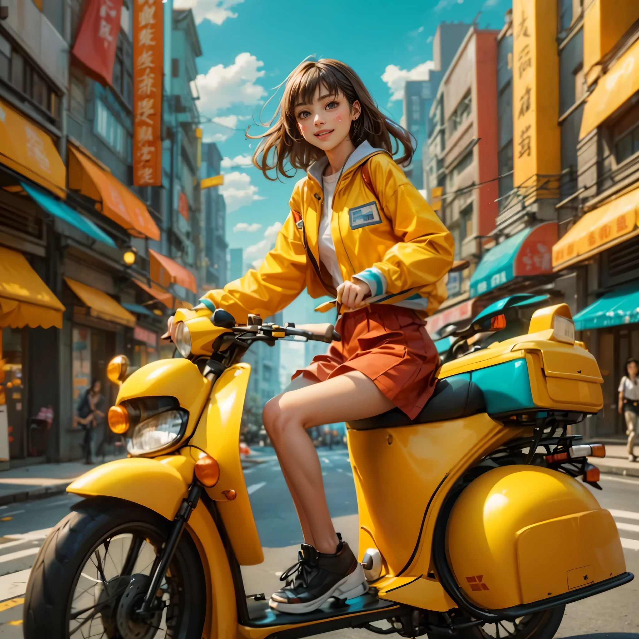 (panoramic:1.5), A realistic, photographic-style illustration in a flat, 2D format, showing a cheerful delivery girl riding a yellow motorcycle. She is depicted as a cute, optimistic girl with a happy smile, enduring the hard work of daily deliveries without complaint. Dressed in standard work attire, she navigates through the bustling city streets. This girl embodies wisdom, beauty, and diligence, presenting a sweet and admirable character. The image captures her in an ultra-wide-angle, panoramic view of the city, emphasizing a realistic, (花卉水彩画:1.5), (Ultra high saturation, bright and vivid colors: 1.5), (nsfw), (Facing the viewer: 1.5), (解剖学正确,准确完美的韩国女性脸部特征:1.5)
