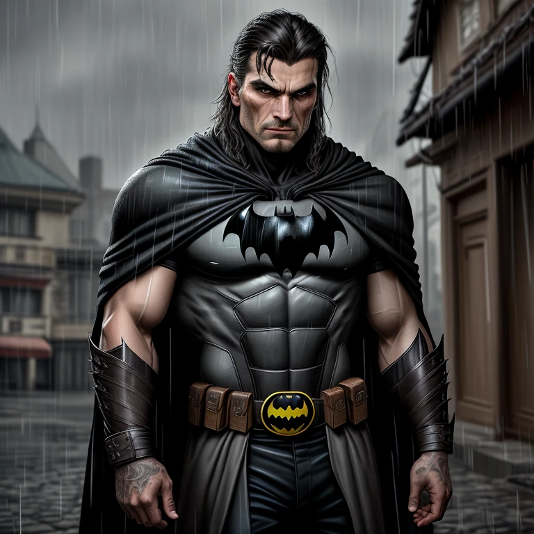 Romania Native Batman: (1 man), dramatic pose, tight cape, brooding, serious expression, rough and weathered face, pointed ears, muscular body, bat symbol on chest, intricate details, detailed textures, Gothic, dark and moody atmosphere, shadows, high contrast, (rain: 1.2), bat-shaped utility belt, detailed utility tools, bat-shaped cowl concealing identity, intense gaze, rough and textured skin, detailed muscles, stubble, tired look, communist-era architecture background.
Note: This description is based on a visual representation of Romania Native Batman, incorporating typical elements of Batman's character but with a focus