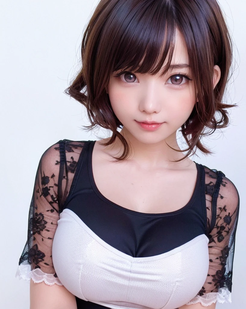 (((highest quality, realistic, 8K, High resolution, )))(((A girl with a plump figure))), ((smileで丸顔女性)), (skin dents), (full body portrait), nice, ((white background, wearing a blouse、big breasts:1.72)), ((short straight hair, parted bangs:1.7)), looking at the viewer,Big ass、 (1女の子 eyes looking at the viewer:1.6), realistic, (Bokeh), (smile, closed mouth:1.3), nice, Pueros face_v1:1,
