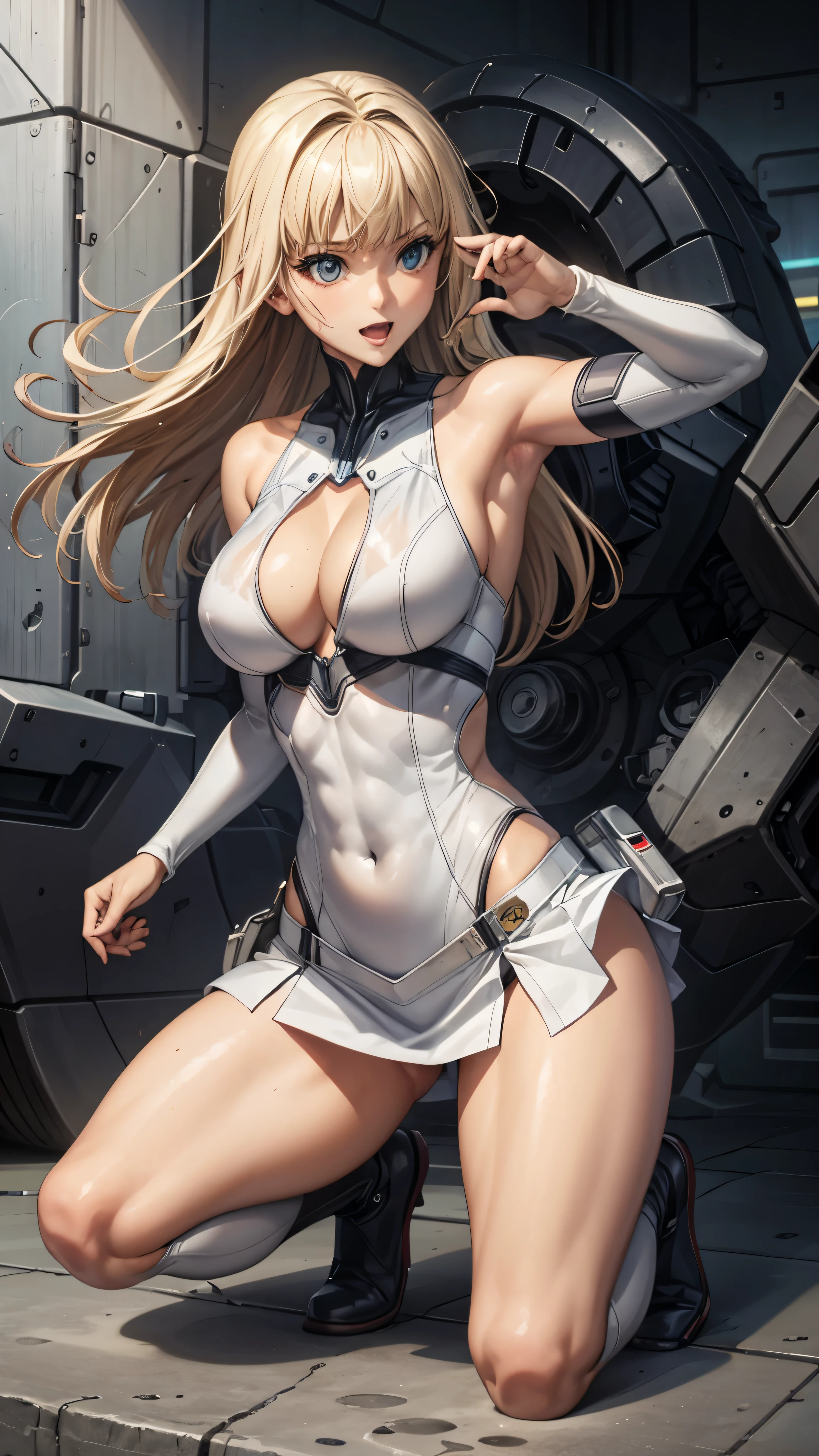 woman,20-year-old,,city,night,((white tight miniskirt bodysuit)),(Harada Makoto),open mouth smile,((See-through))Squats and legs wide open,((blonde)),long hair