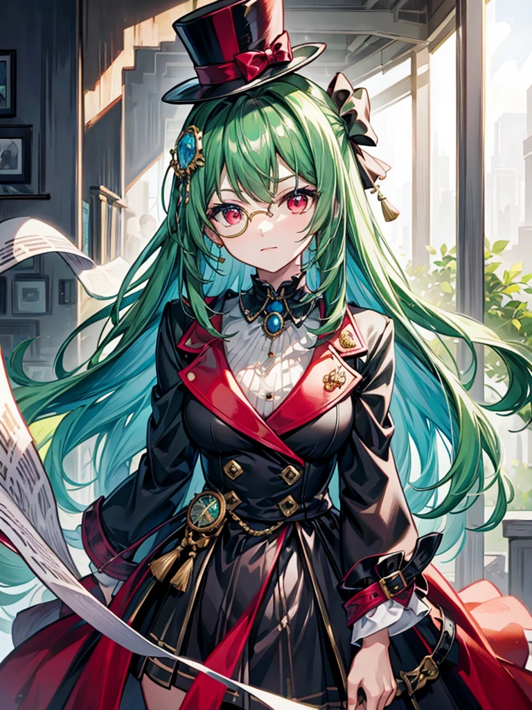 (((masterpiece、Highest image quality、highest quality、highly detailed unity 8kwallpaper)))、((Illustration of one girl))、(((beautiful girl)))、(Emerald green hair、sidelocks:1.2、red eyes)、(((crazy smile)))、monocle、pocket watch、(((Black top hat、tuxedo)))、grand library
