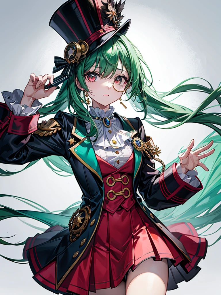 (((masterpiece、Highest image quality、highest quality、highly detailed unity 8kwallpaper)))、((Illustration of one girl))、(((beautiful girl)))、(Emerald green hair、sidelocks:1.2、red eyes)、(((crazy smile)))、monocle、pocket watch、(((Black top hat、tuxedo)))、grand library