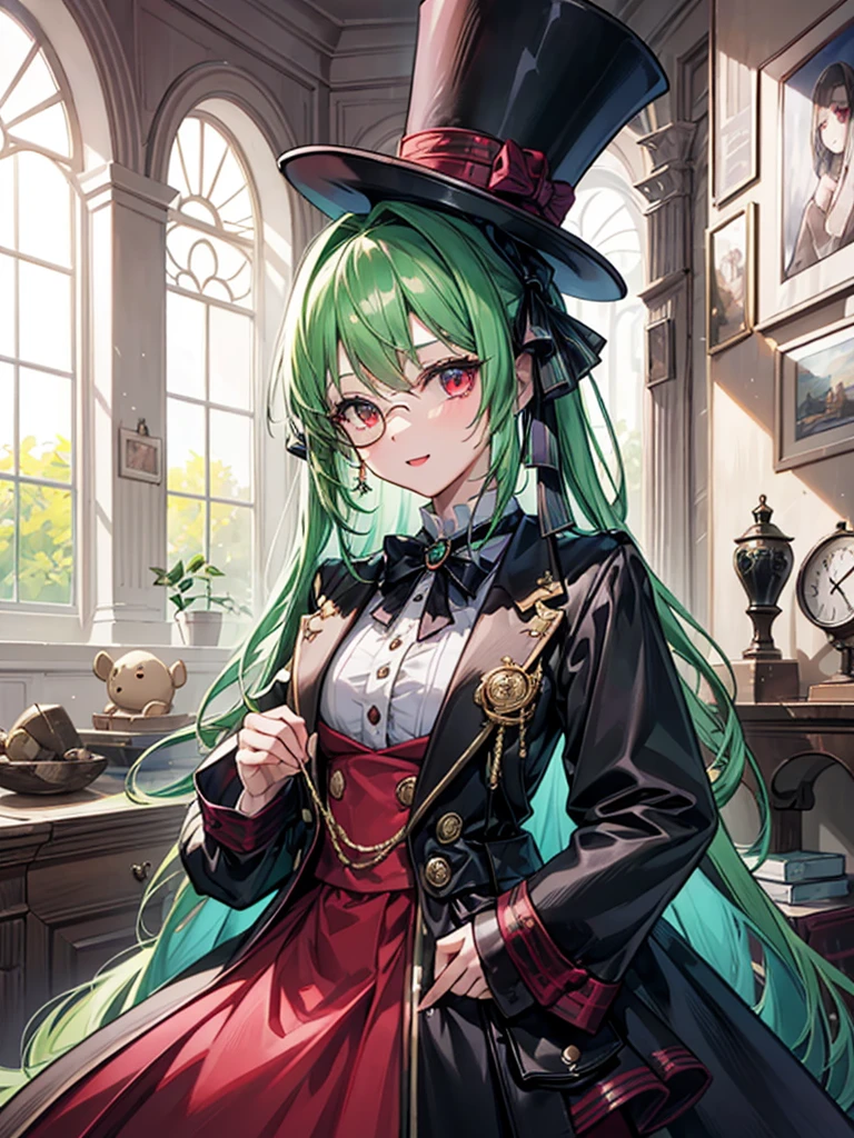 （（（masterpiece、Highest image quality、highest quality、highly detailed unity 8ｋwallpaper）））、（（Illustration of one girl））、（（（beautiful girl）））、（Emerald green hair、sidelocks：1.2、red eyes）、（（（crazy smile）））、monocle、pocket watch、（（（Black top hat、tuxedo）））、grand library