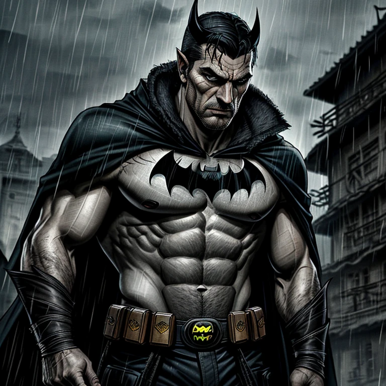 Romania Native Batman: (1 man), dramatic pose, tight cape, brooding, serious expression, rough and weathered face, pointed ears, muscular body, bat symbol on chest, intricate details, detailed textures, Gothic, dark and moody atmosphere, shadows, high contrast, (rain: 1.2), bat-shaped utility belt, detailed utility tools, bat-shaped cowl concealing identity, intense gaze, rough and textured skin, detailed muscles, stubble, tired look, communist-era architecture background.
Note: This description is based on a visual representation of Romania Native Batman, incorporating typical elements of Batman's character but with a focus