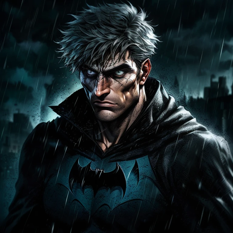 Romania Native Batman: (1 man), dramatic pose, tight cape, brooding, serious expression, rough and weathered face, pointed ears, muscular body, bat symbol on chest, intricate details, detailed textures, Gothic, dark and moody atmosphere, shadows, high contrast, (rain: 1.2), bat-shaped utility belt, detailed utility tools, bat-shaped cowl concealing identity, intense gaze, rough and textured skin, detailed muscles, stubble, tired look, communist-era architecture background.

Note: This description is based on a visual representation of Romania Native Batman, incorporating typical elements of Batman's character but with a focus