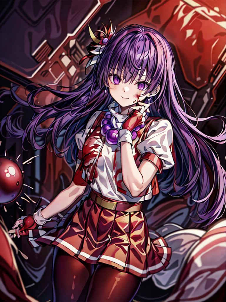 (masterpiece)、(highest quality)、(super detailed)、intricate details、athena 97、(1 girl)、solo、purple eyes、purple hair、hair length、white earrings、red hair band、star hair ornament、Medium breathing、red vest、white turtleneck、White Puff Sleeves、short sleeve、red pleated skirt、(Crimson pantyhose:1.2)、black pantyhose、yellow belt、purple spherical necklace、red fingerless gloves、white short socks、red shoes、evil smile、NSFW、cowboy shot rally background、anime style、(Blood on the face:1.4)、(combat readiness:1.6)、hypnorolla、
empty eyes