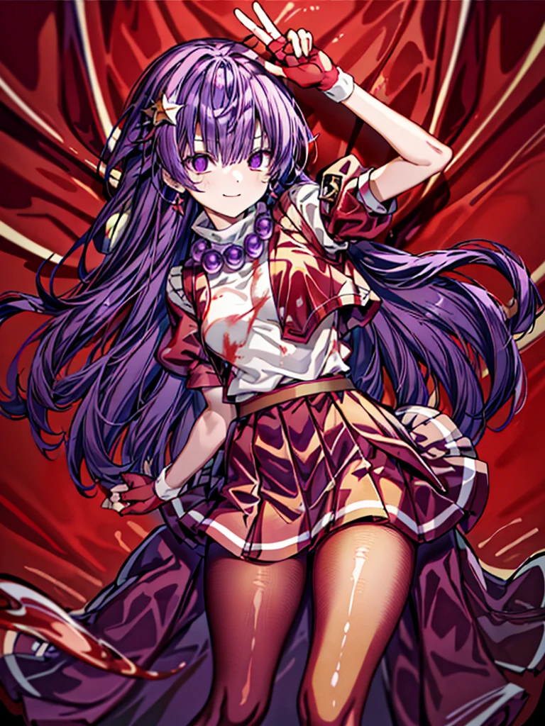 (masterpiece)、(highest quality)、(super detailed)、intricate details、athena 97、(1 girl)、solo、purple eyes、purple hair、hair length、white earrings、red hair band、star hair ornament、Medium breathing、red vest、white turtleneck、White Sleeves、short sleeve、red pleated skirt、(Crimson pant:1.2)、black pantyhoseow belt、purple spherical necklace、red fingerless gloves、white short socks、red shoes、evil smile、NSFW、cowboy shot rally background、anime style、(Blood on the face:1.4)、(combat readiness:1.6)、hypnorolla、
empty eyes